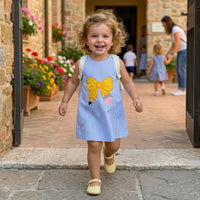 Back to School Seersucker Embroidered Dress, sleeveless blue striped with a yellow bow, knee-length for girls 3-7.