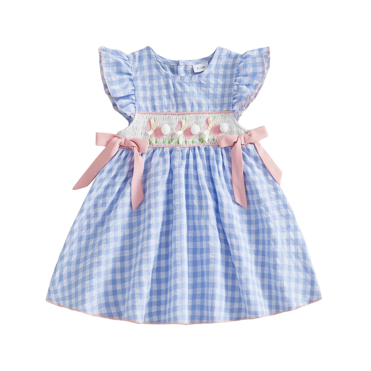 Frilly Bunnies Embroidered Dress in Boca Blue with pink waist ribbons, knee-length for ages 12 months to 5 years.