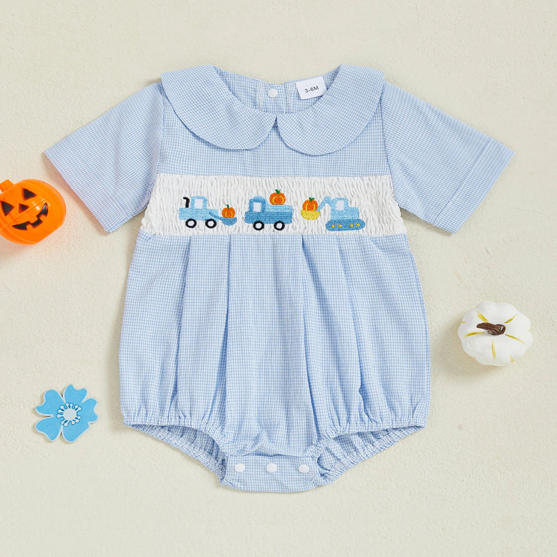 Charming 'Truckin' Pumpkins' Checked Baby Bubble showing the blue and white checked cotton fabric, ideal for warm weather and layering in cooler seasons.