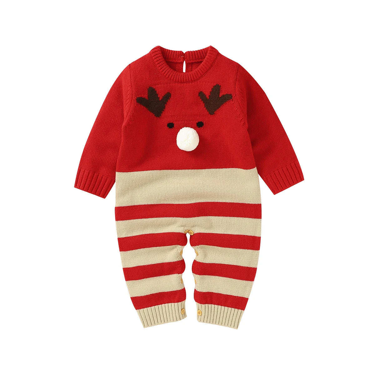 Happy toddler dressed in a cozy winter knit romper with a festive design, part of the 'Winter Sweeties' collection for joyful winter activities.