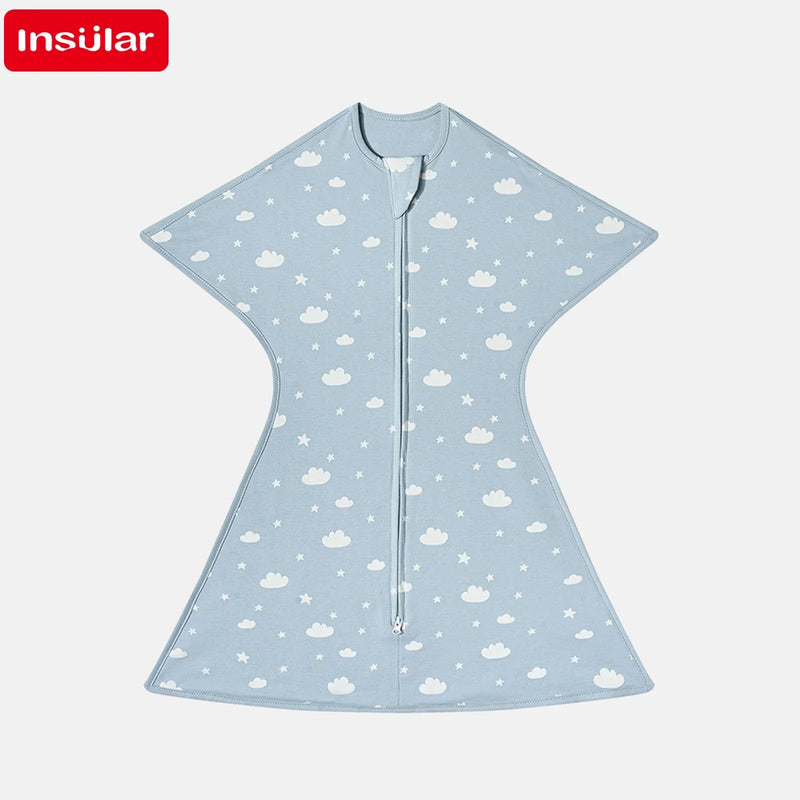 Front view of a breathable cotton lightweight baby sleep sack in blue with cloud patterns, designed for infants.