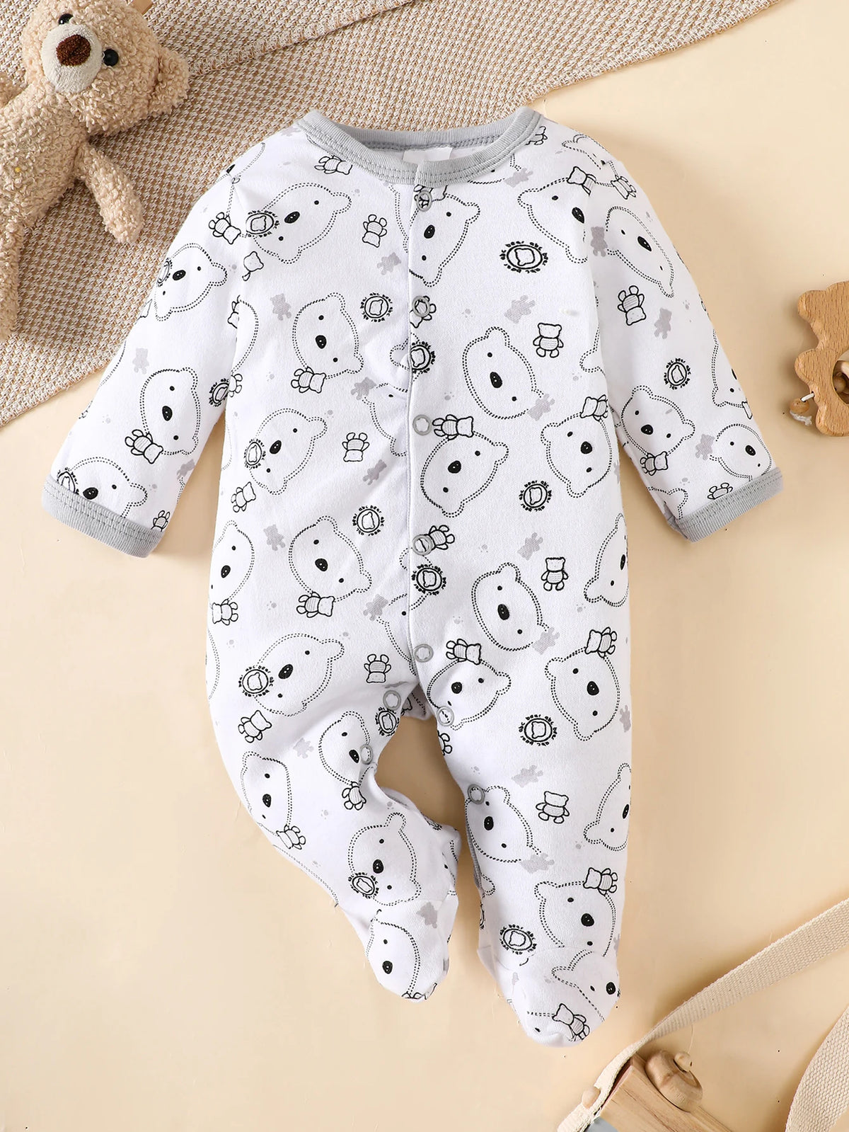 White baby romper with gray bear print, for 0-9M, 100% combed cotton, all-season layette