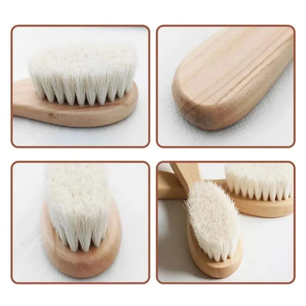 Wooden 2-piece baby comb and soft brush set for ages 0-36m, 13.51 cm length.