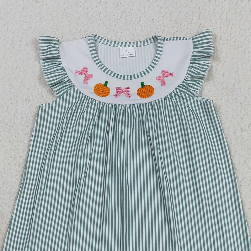 Pumpkin and Bows Embroidered Green Stripe Dress