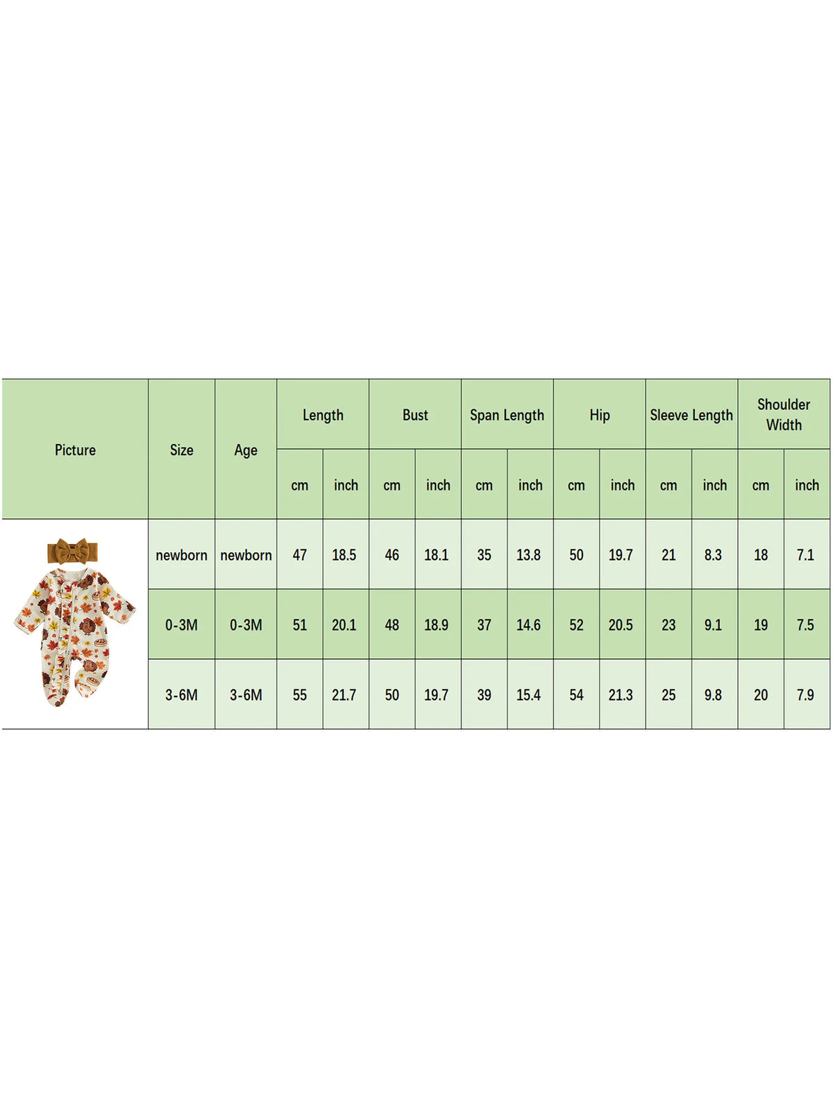 Size chart for fall turkey and leaf print baby footie romper with brown headbow, newborn to 3-6M.