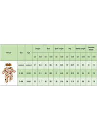 Size chart for fall turkey and leaf print baby footie romper with brown headbow, newborn to 3-6M.