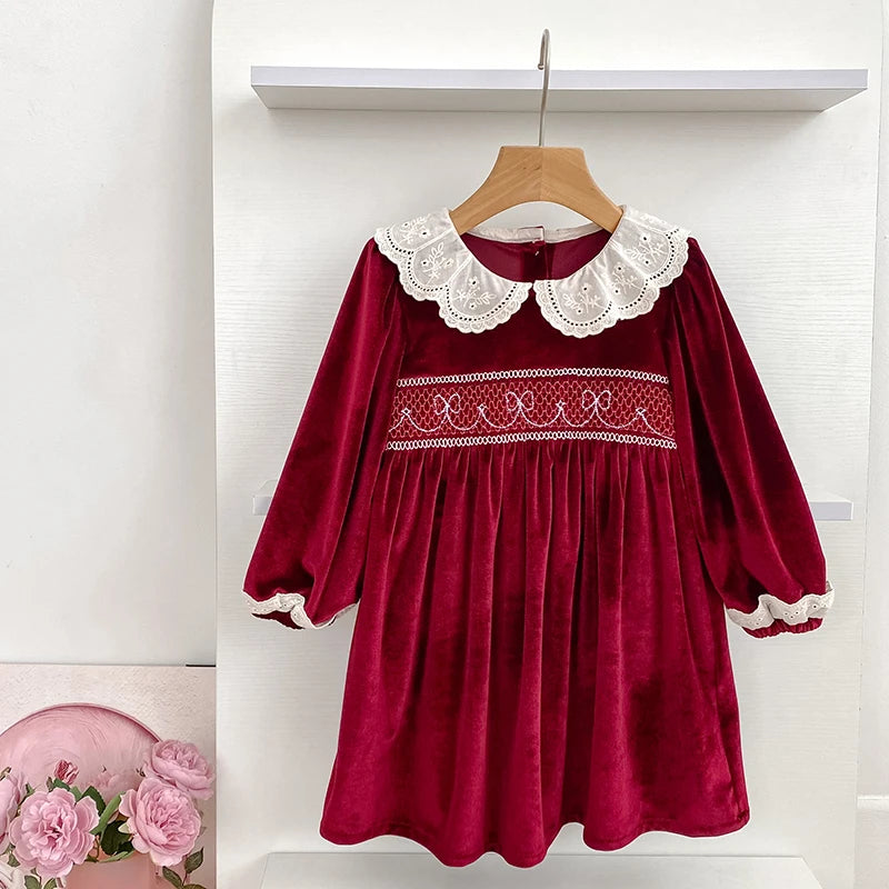 Deck the Halls Smocked Velvet and Frills Sibling Outfits in Deep Red - Toddler dress with Peter Pan collar and lace detailing.