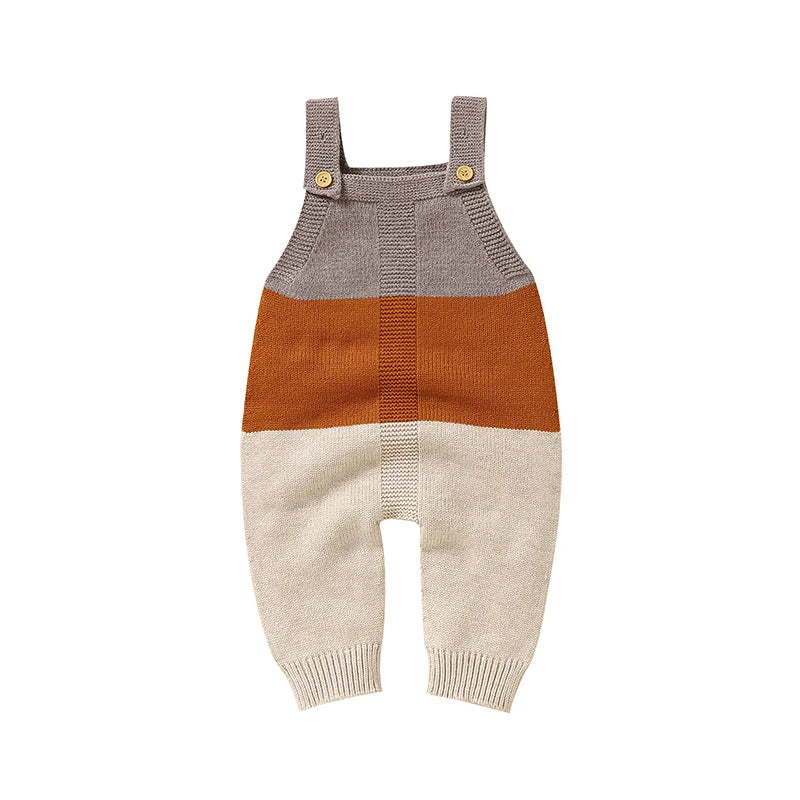 Nature's Colors Knitted Baby Romper Overalls in earthy tones of brown and beige, a perfect piece for stylish infants.