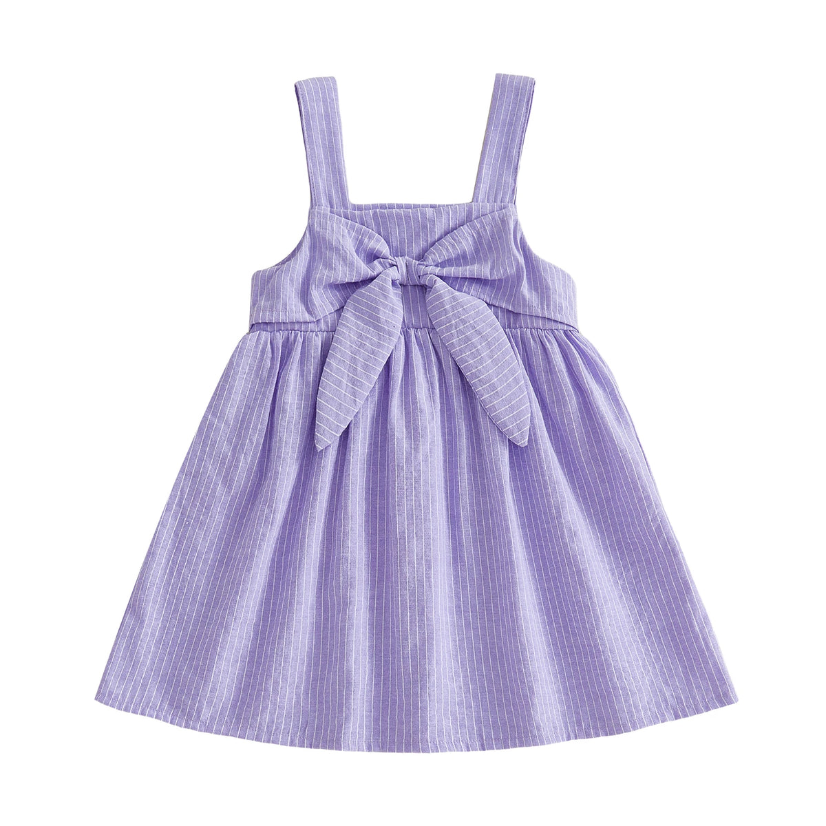 Violet striped toddler dress with oversized front bow, square neckline, and A-line mid-calf silhouette.