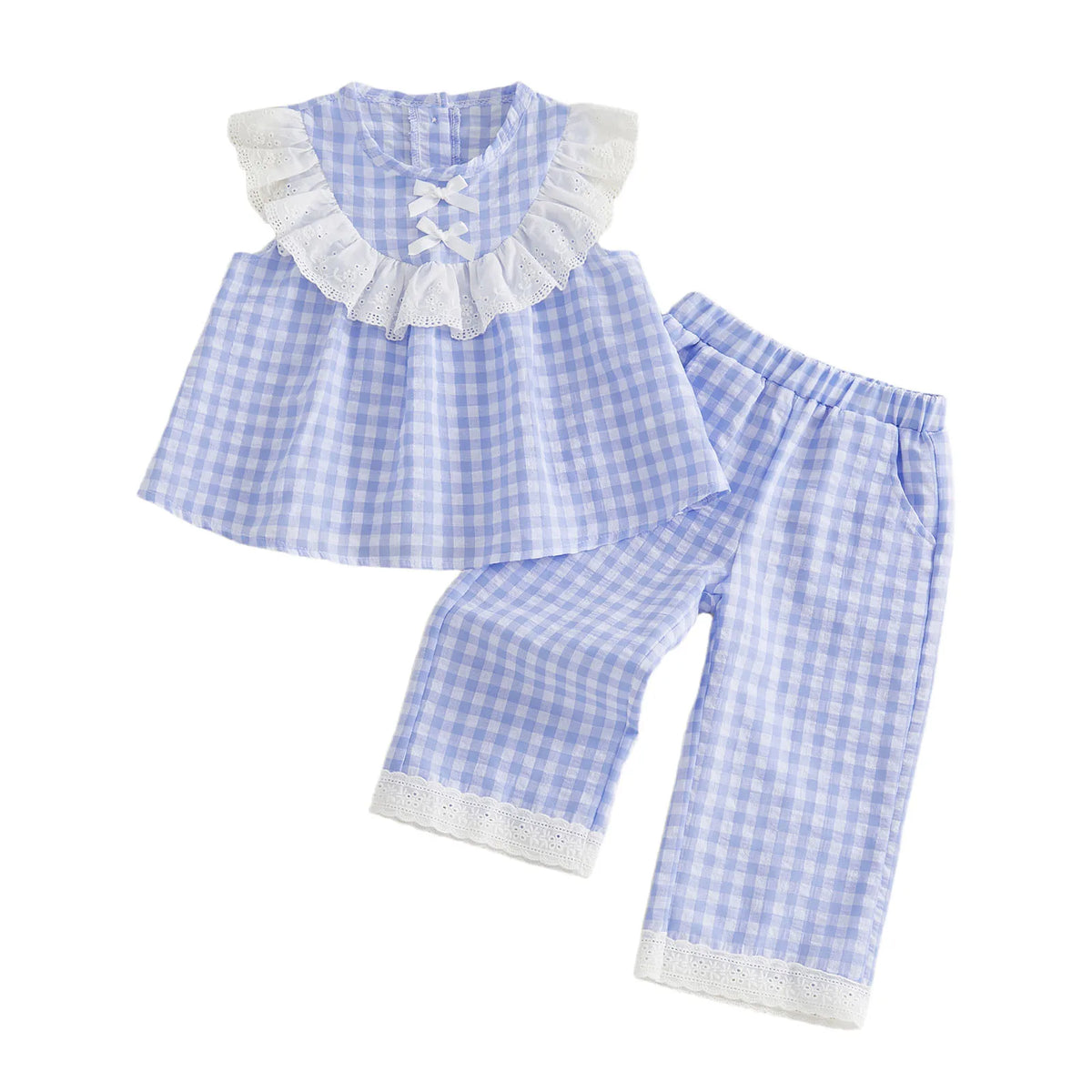 Blue eyelet and checks two-piece pant set for little girls, lace-trimmed top with bows and matching pants.