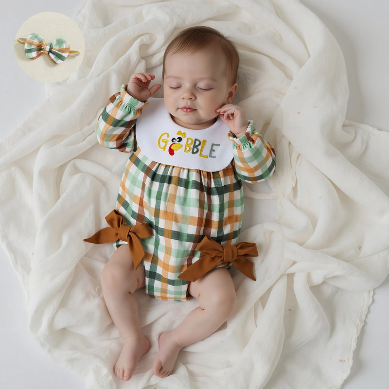 A Gobbling Good Thanksgiving Plaid Baby Bubble Set