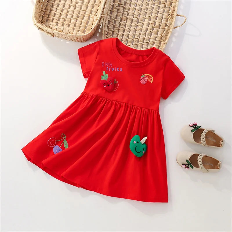 "Fruity Fun" Appliqued Fruits Girls Dress - Playful Red