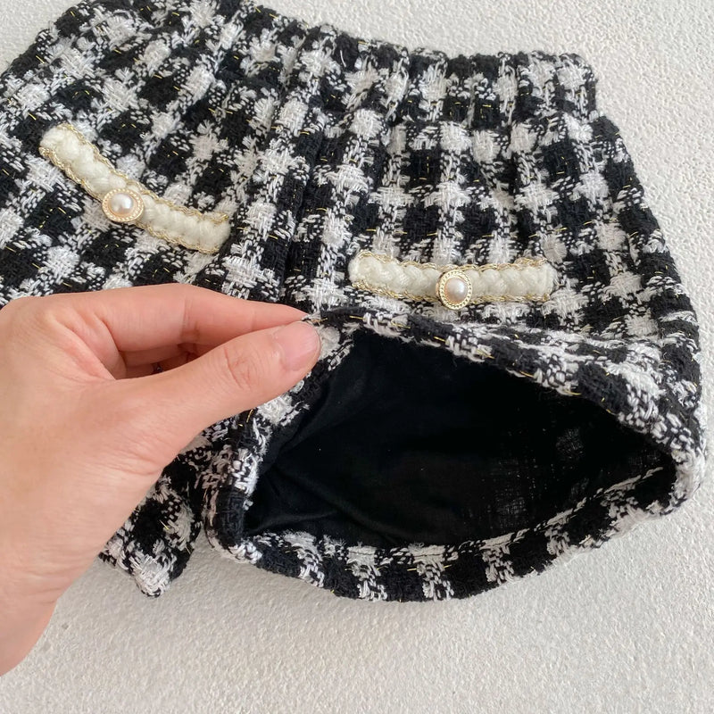 Chic Two-Piece Tweed Shorts and Coat Set - Black and White