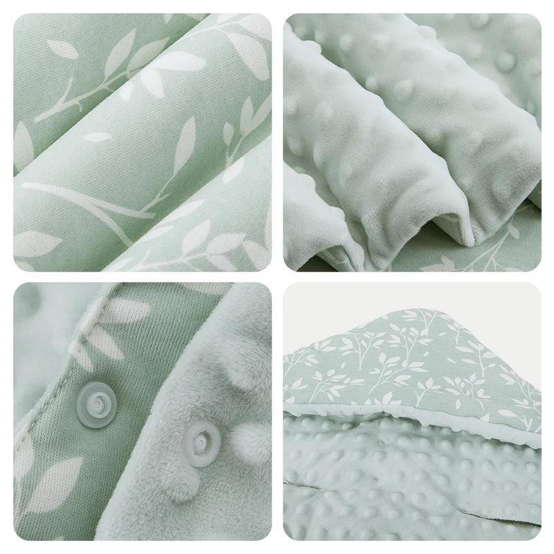 Close-up of the Adorable Ultra-Soft Baby Swaddle Blanket texture with a soft minky feel, showcasing floral designs and buttons for added functionality.