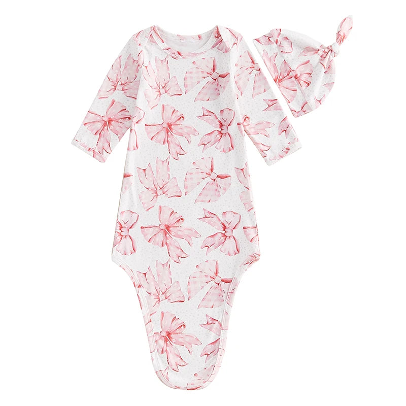 Baby Bows Knotted Infant Swaddle Gown 2 PC Set featuring a floral bow print and matching hat, perfect for infants.