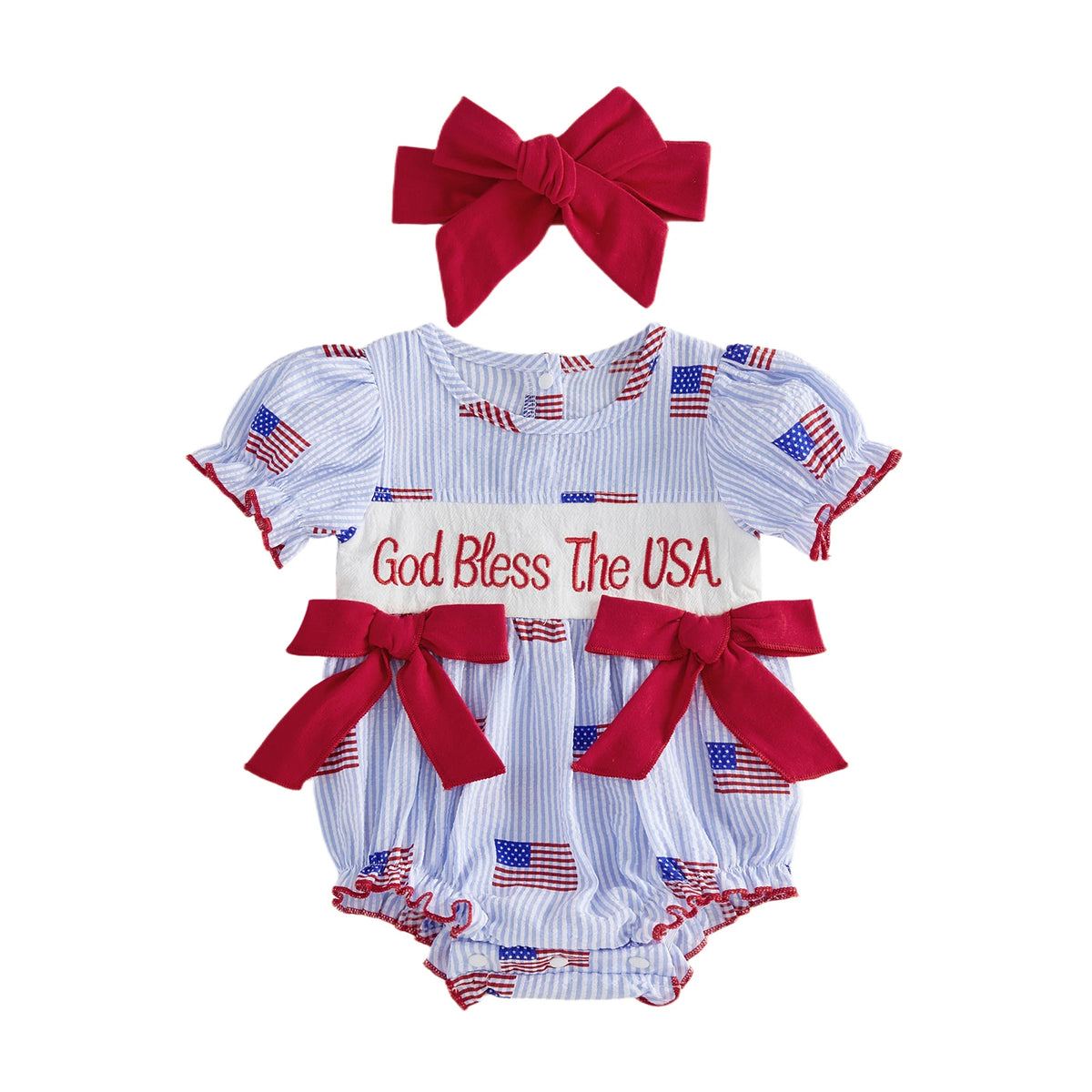 'Anna' American Flag Seersucker Romper with Adorable Bows and Headband - The Palm Beach Baby Estimated 12 - 18 Day Shipping