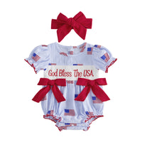 'Anna' American Flag Seersucker Romper with Adorable Bows and Headband - The Palm Beach Baby Estimated 12 - 18 Day Shipping