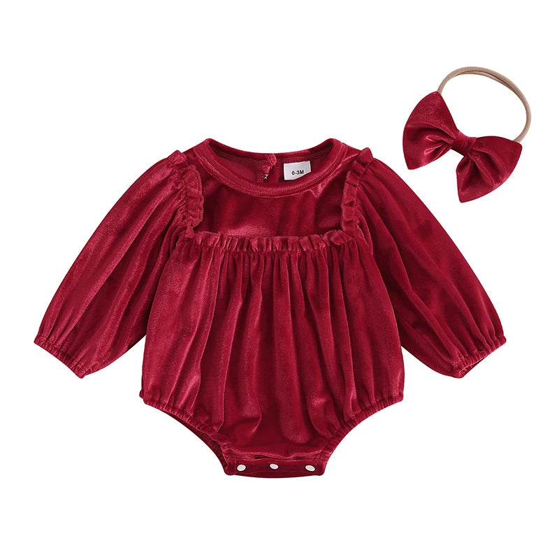Adorable deep red Velvet and Frills Holiday Baby Bubble with a matching bow, designed for comfort and style during holiday celebrations.