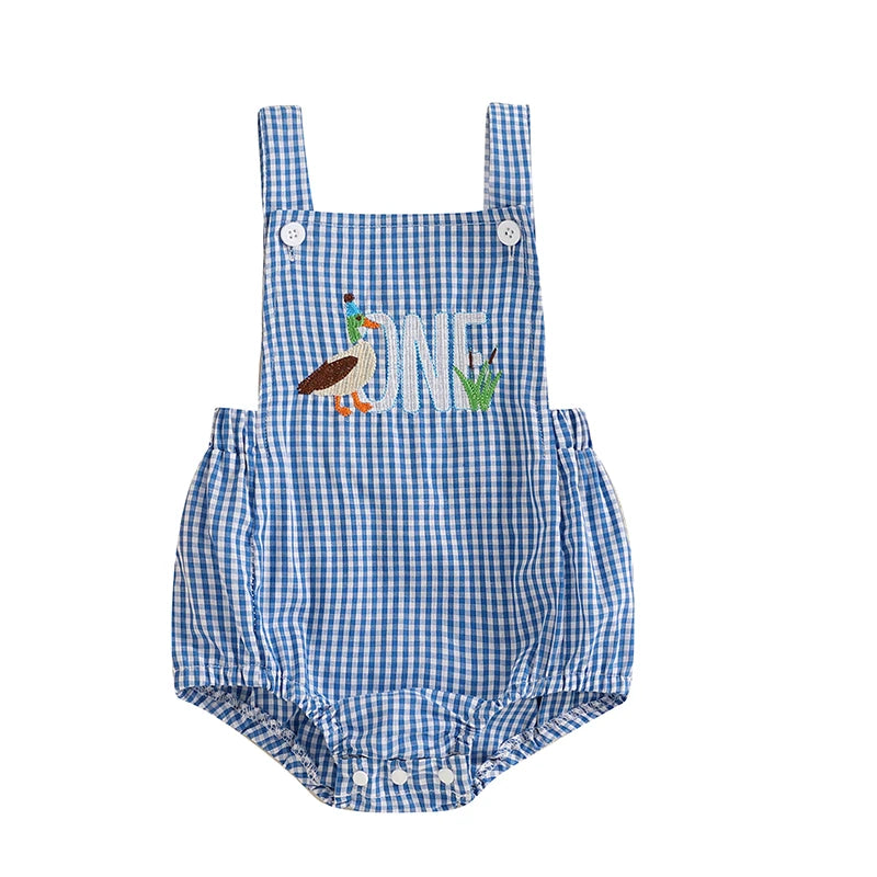 Front view of a blue and white checked duck themed birthday romper, perfect for baby’s first birthday celebrations.