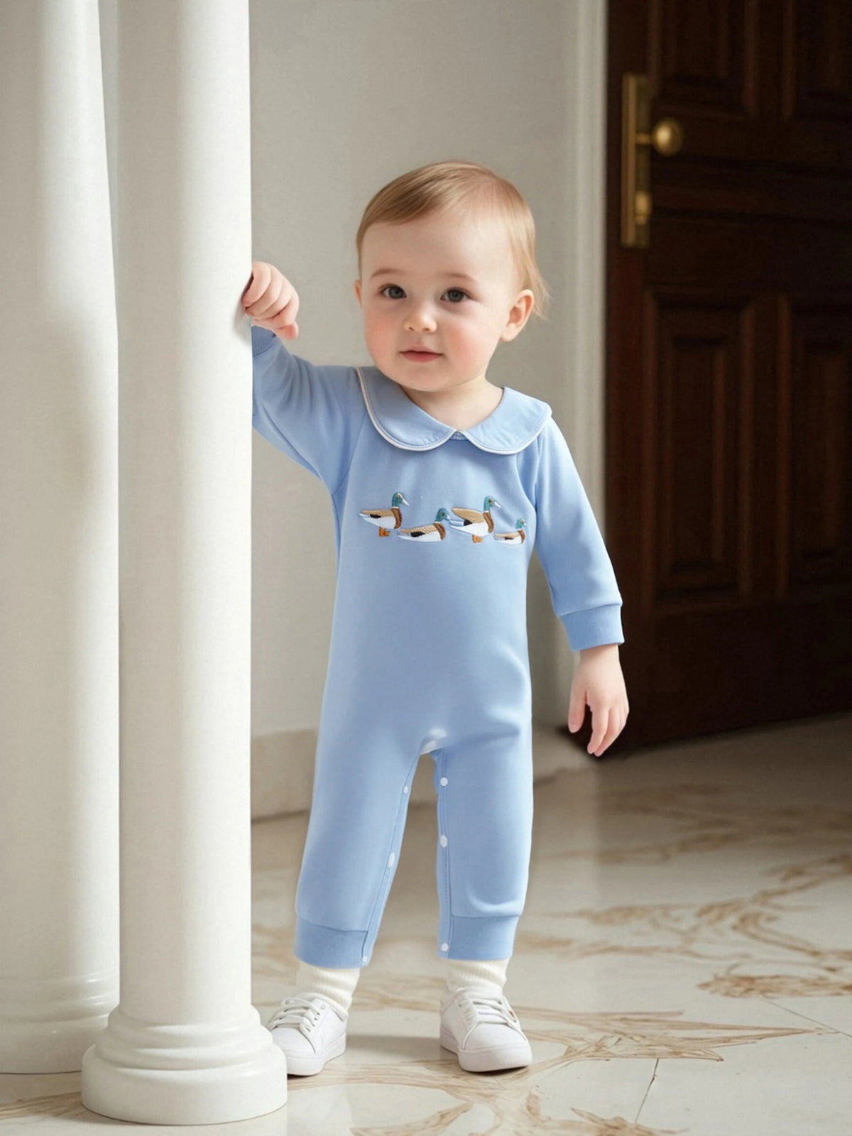 Little Ducks Preppy Boca Blue Romper for Babies - Long Sleeved with Peter Pan Collar