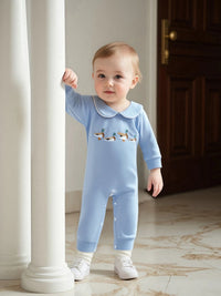 Little Ducks Preppy Boca Blue Romper for Babies - Long Sleeved with Peter Pan Collar