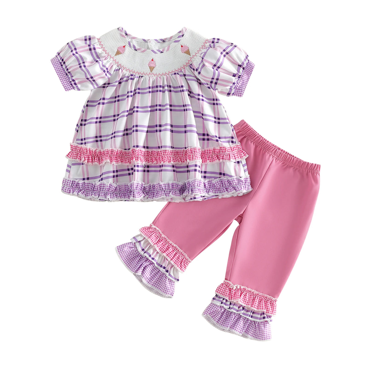 Frilly boho plaid top with embroidered ice cream cones and puff sleeves, paired with pink ruffled pants.