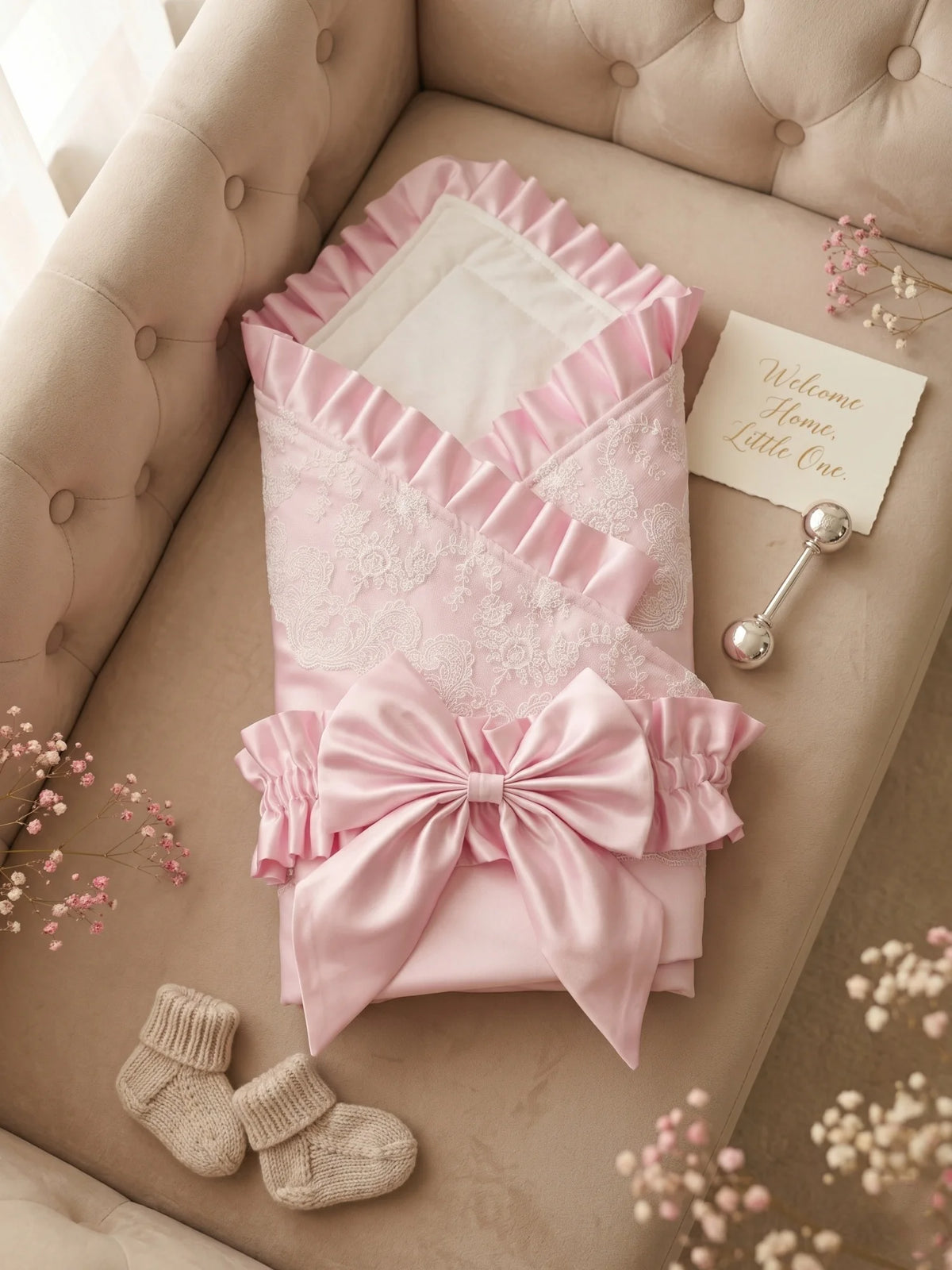 Palm Beach Pink satin receiving blanket with lace, ruffled edge and large bow, 80x80 cm for newborns.