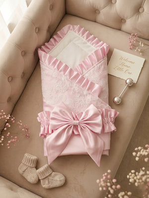 Palm Beach Pink satin receiving blanket with lace, ruffled edge and large bow, 80x80 cm for newborns.
