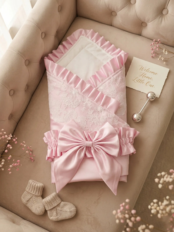 Palm Beach Pink satin receiving blanket with lace, ruffled edge and large bow, 80x80 cm for newborns.