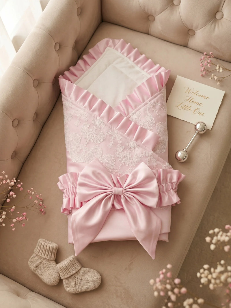 Palm Beach Pink satin receiving blanket with lace, ruffled edge and large bow, 80x80 cm for newborns.