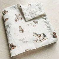 White Summer/Spring Baby Animals Lightweight Thin Minky Blanket with teddy bear, rocking horse, 15 prints