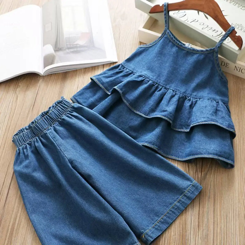Cute display of the 'Roxanne' Denim Pant Set for Girls, perfect for children aged 13 months to 12 years.