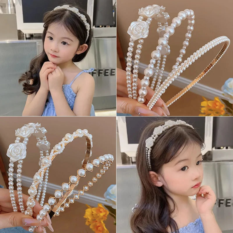 Elegant White Pearl Ribbon Rose Flower Hairbands for Girls 4 to 6 Yrs