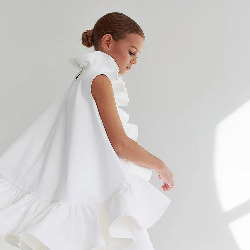 Peyton Chic Couture Dress for Girls 13 Months - 12 Years, Elegant A-Line Design, White with Ruffles - The Palm Beach Baby