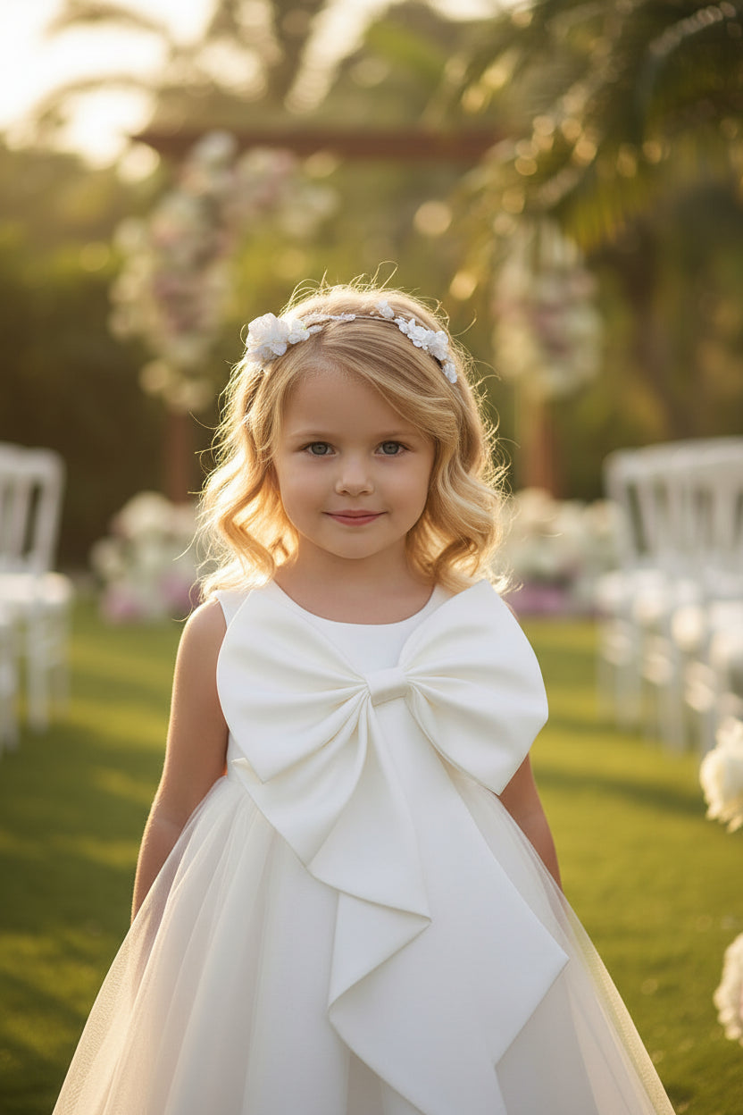 Little girl in a white A-line party dress with a large bow and floral headband at an outdoor wedding setup.