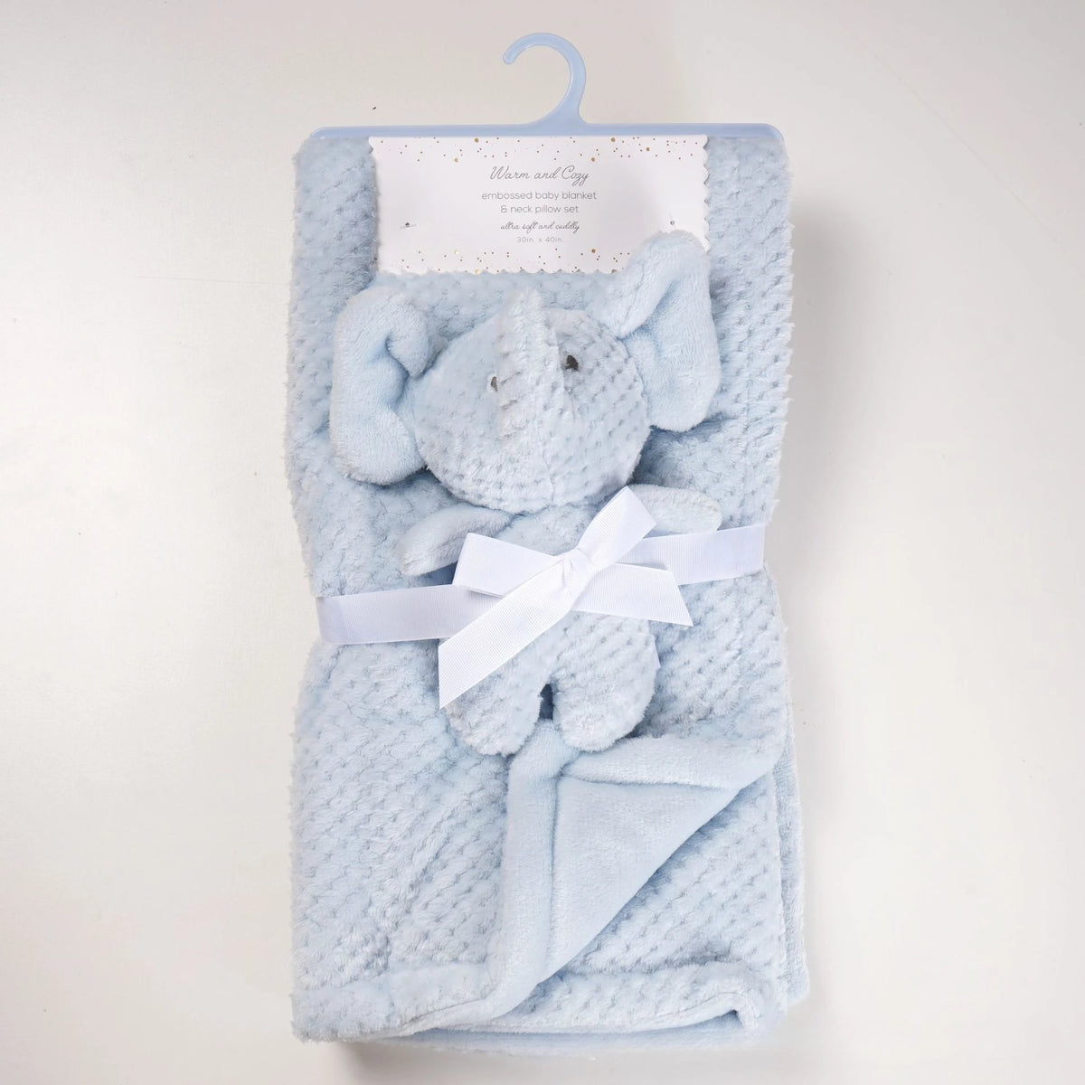 Light blue waffle-knit baby blanket set with plush knit elephant doll and white ribbon bow