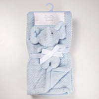 Light blue waffle-knit baby blanket set with plush knit elephant doll and white ribbon bow