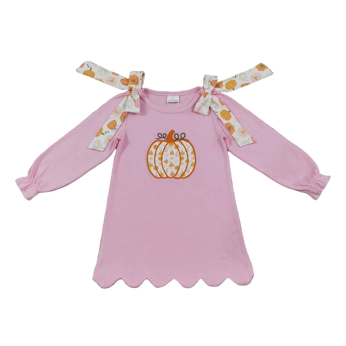 Cute pink long sleeve A-line dress with embroidered pumpkin and pumpkin print shoulder ties for fall.
