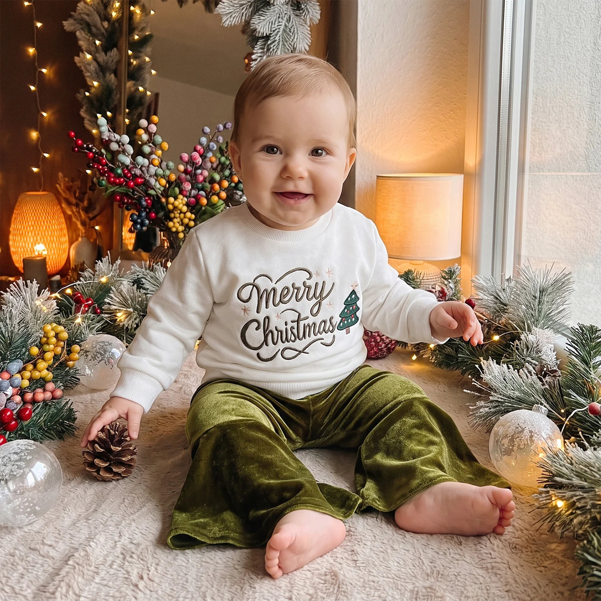 Toddler girl festive 2-piece set with white Merry Christmas pullover and cozy green bell bottom pants for holiday wear.