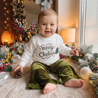 Toddler girl festive 2-piece set with white Merry Christmas pullover and cozy green bell bottom pants for holiday wear.