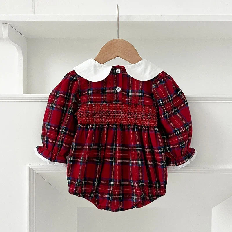 "Pamela Plaid" Smocked Long Sleeve Bubble - Classic Peter Pan Collar