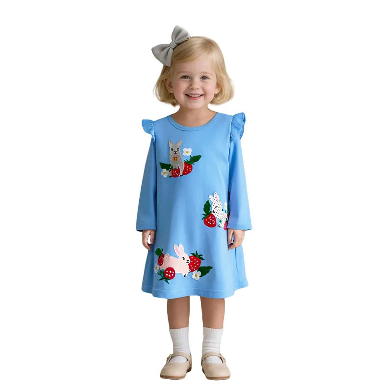 Baby Animals Flutter Long Sleeve Girls Dress in Boca Blue, featuring a smiling girl wearing the dress with cute bunny appliques and strawberry designs, perfect for little adventurers.