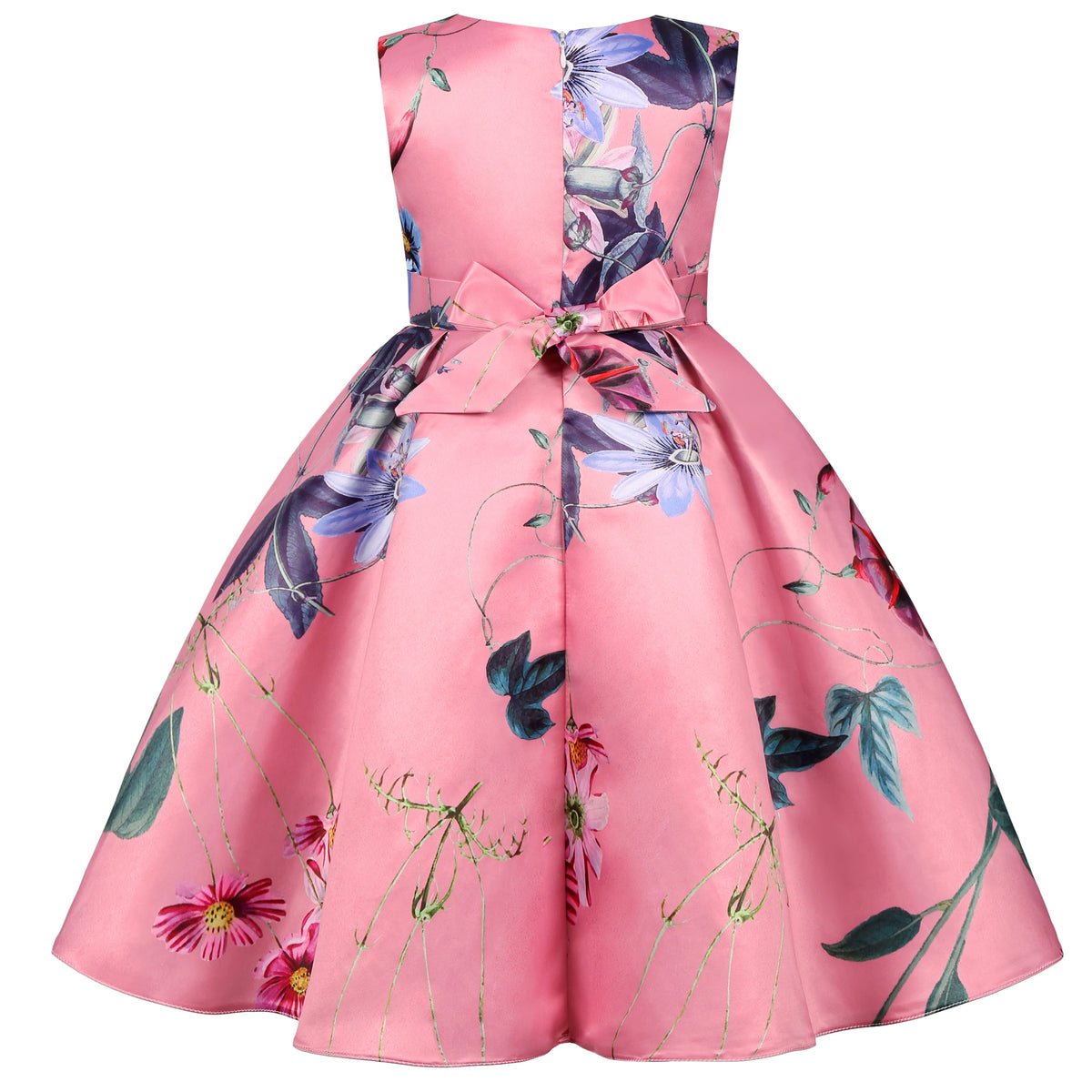 Pink tropical garden party dress for girls, six-color floral print, sleeveless with waist bow and full skirt.