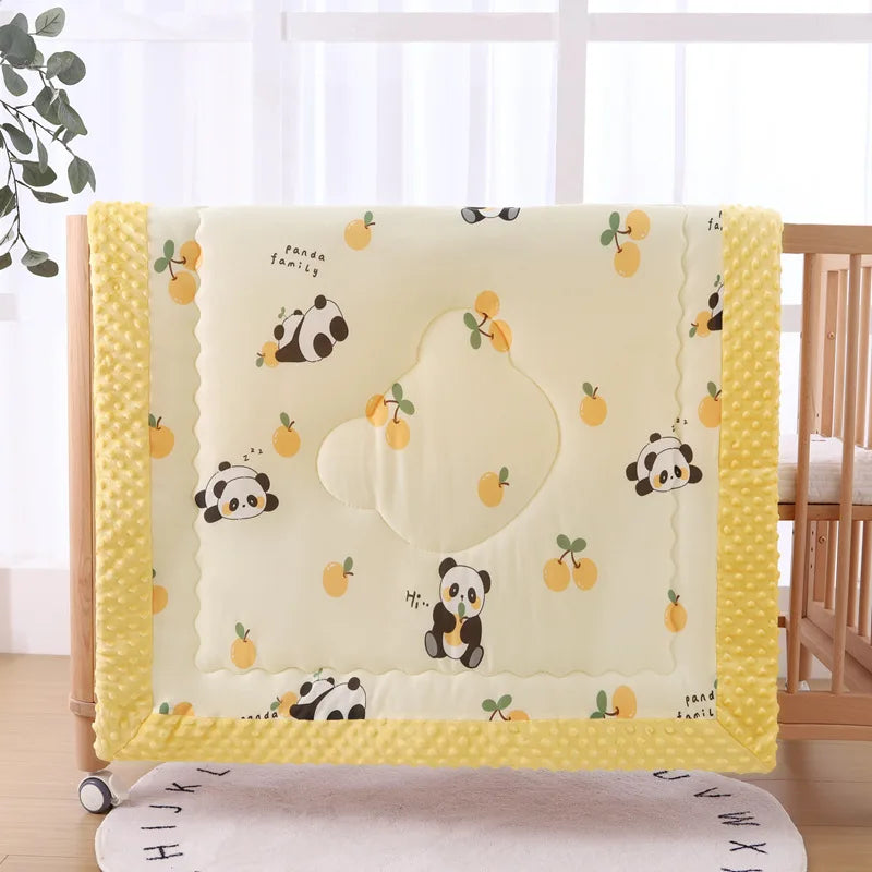 Winter Muslin Patterned Quilt for Children, 95x95cm, two-sided with raised dots and panda/orange pattern, yellow border