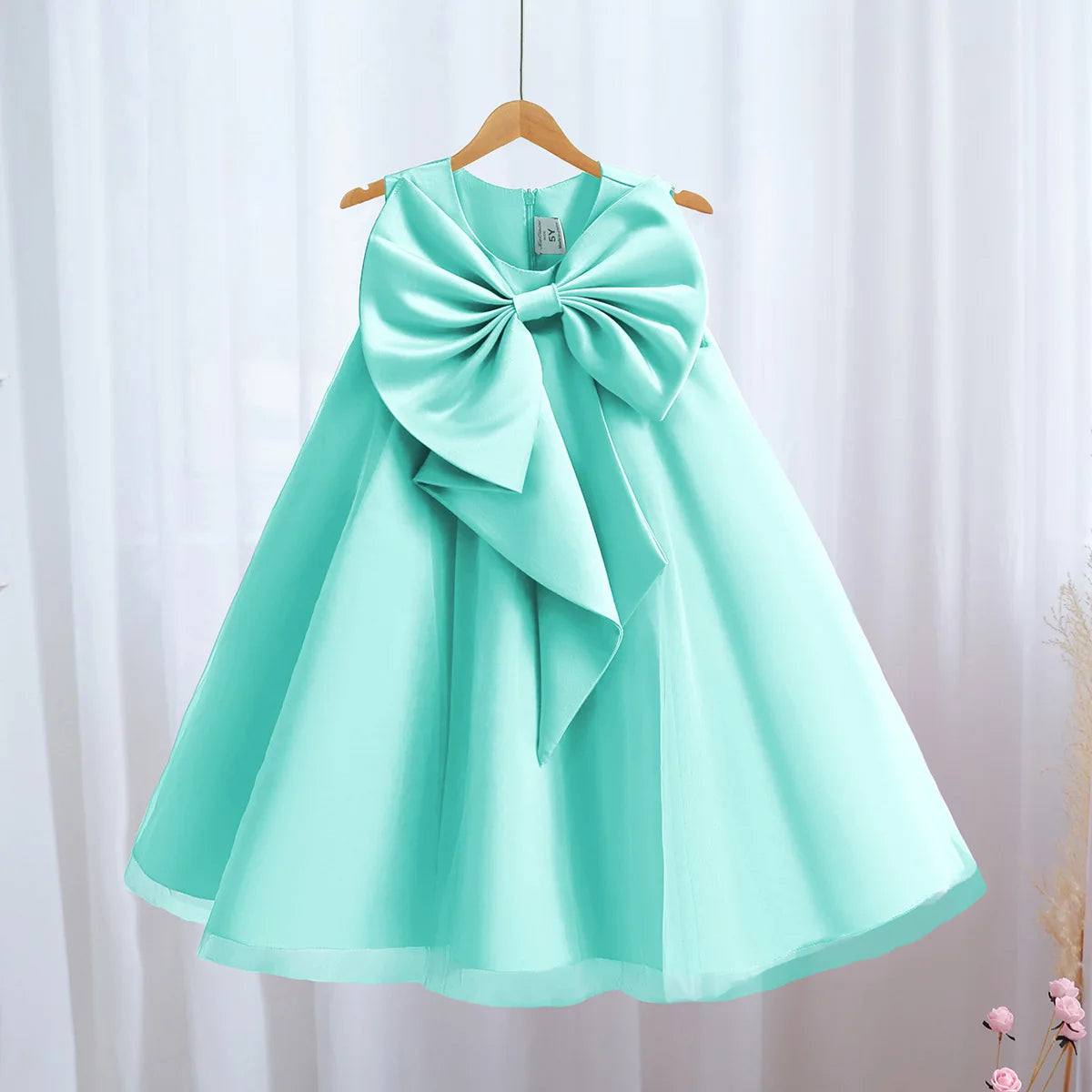 Sari-Elle Elegant Party Dress With Large Bow in mint aqua for girls 4–6; A-line, perfect for parties.