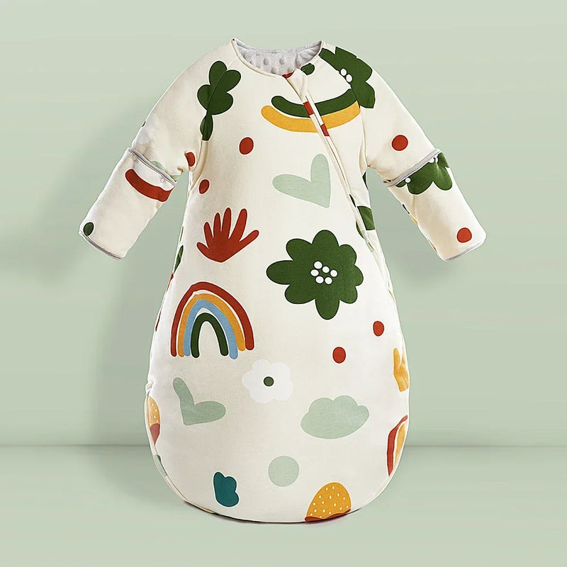 Cozy Baby Sleep Sack With Detachable Sleeves shown in a floral print pattern, ideal for babies 5-36 months snug during sleep.