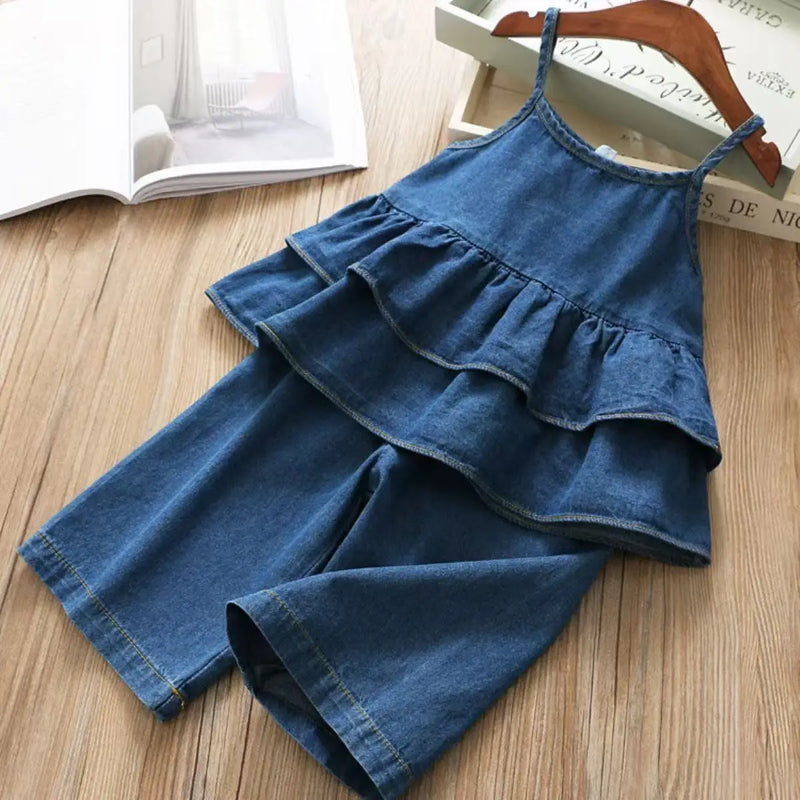 Stylish 'Roxanne' Ruffled 2 Piece Denim Pant Set for Girls with a sleeveless top and ruffled details.