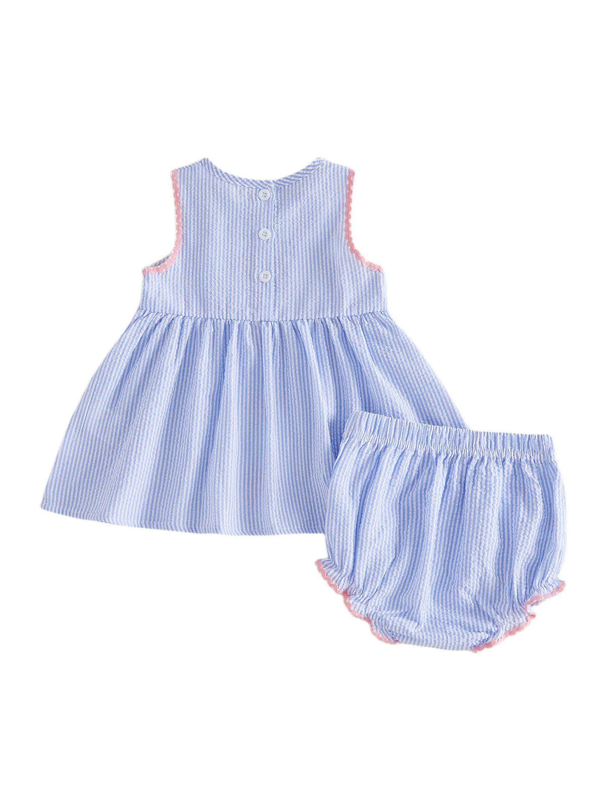 Little Bows Seersucker Dress and Bloomer Set: blue striped dress with pink trim and matching bloomers.
