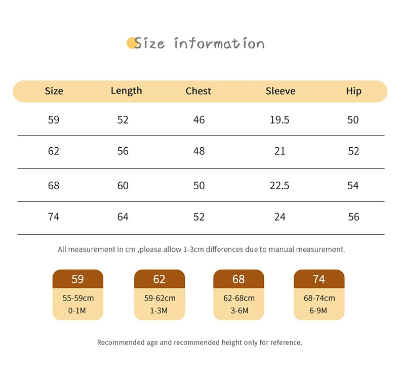 Precious Baby Flowers Knitted Romper With Feet size information chart for newborn to 9 months, featuring lengths, chest measurements, sleeve lengths, and hip sizes.