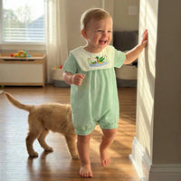 Little Ducky Boys bibbed seersucker romper in green stripes with embroidered mallard ducks, baby at home.